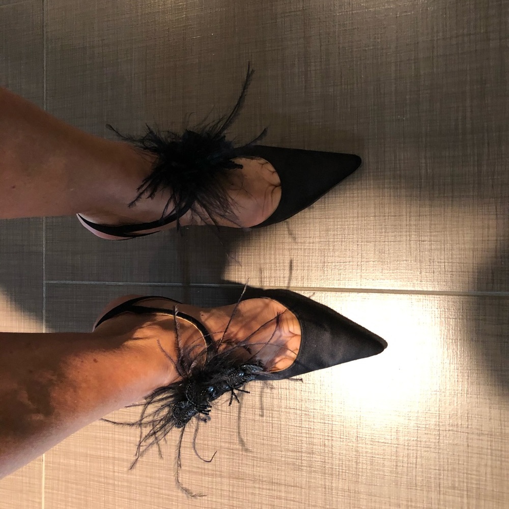 Black satin leather with feather and bead detail